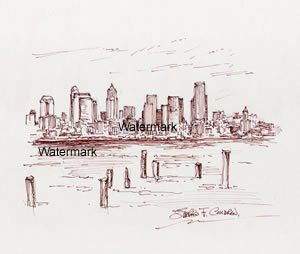Pen & ink drawing of Seattle skyline on Elliott Bay.