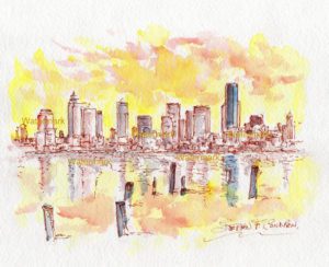 Seattle Skyline Watercolor Painting At Sunset For Sale ~ 879