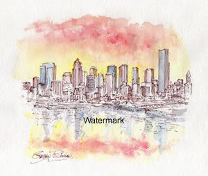 Watercolor skyline painting of downtown Seattle skyline on Elliott Bay at sunset.