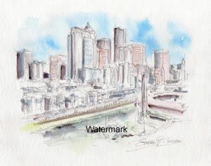 Watercolor painting of Seattle skyline.