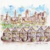 San Francisco skyline #892A pen & ink cityscape watercolor with Alamo Square painted ladies.