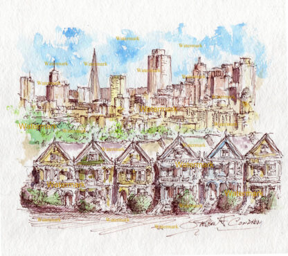 San Francisco skyline #892A pen & ink cityscape watercolor with Alamo Square painted ladies.
