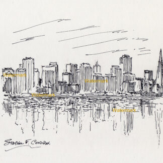 San Francisco skyline #893A cityscape drawing with the skyscrapers reflecting in the waters of the bay.