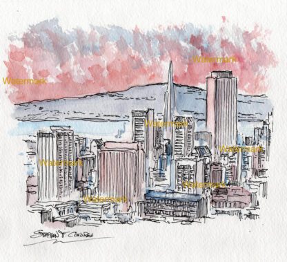 San Francisco skyline #976A pen & ink cityscape watercolor is popular because of it's crimson sunset.