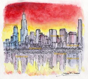 Chicago Skyline Watercolor Sunset Painting #985