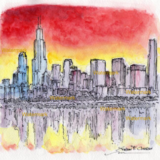 Chicago skyline #985A pen & ink cityscape watercolor overlooking Lake Michigan at sunset with crimson sky