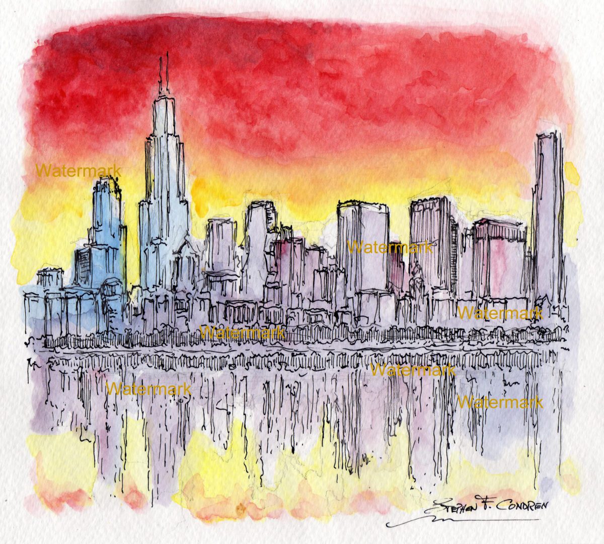Chicago skyline #985A pen & ink cityscape watercolor overlooking Lake Michigan at sunset with crimson sky