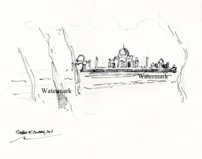 Taj Mahal #2958A pen & ink landmark drawing on the banks of the Yamuna River.
