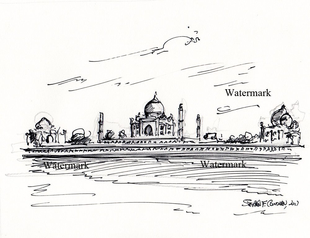 Taj Mahal #2957A pen & ink landmark drawing on the banks of the Yamuna River in Agra.