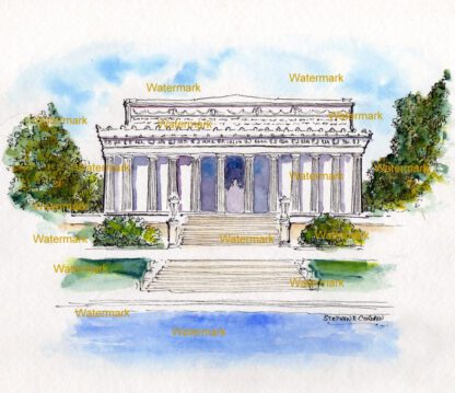 Lincoln Memorial watercolor #676A pen & ink landmark with it's Classical Architecture.