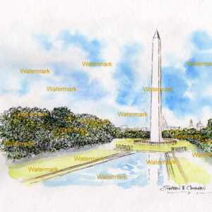 Washington Monument watercolor #675A pen & ink landmark is popular because of it's view gardens, and the print is matted 11"x14".