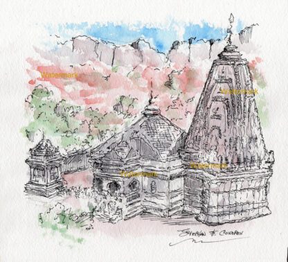 Trimbakeshwar Shiva Temple #938A pen & ink landmark watercolor in Trimbak, India.