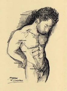 Pen & ink drawing of a nude male looking down.