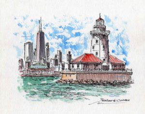 Watercolor painting of Chicago Harbor Lighthouse.