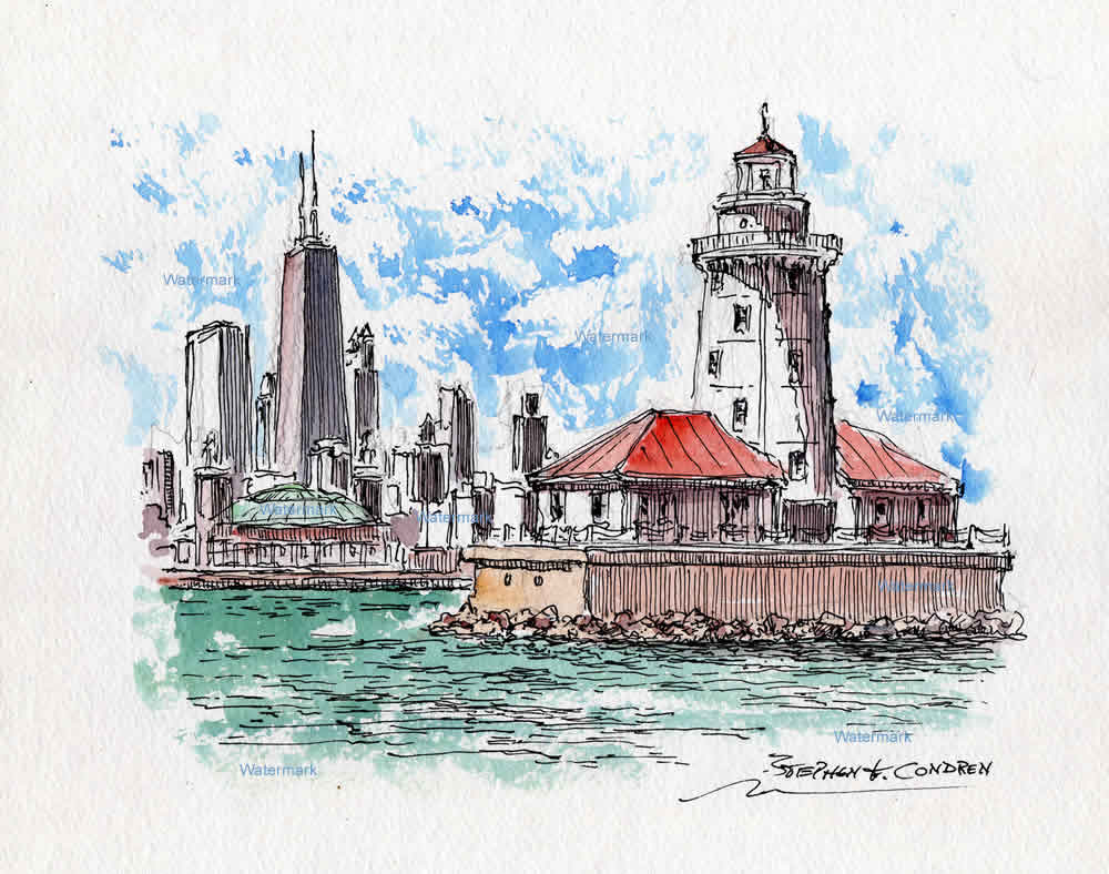 Watercolor painting of Chicago Harbor Lighthouse