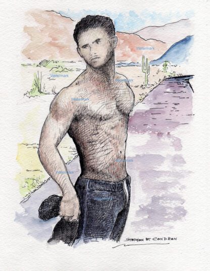 Josh Kloss #1253A pen & ink celebrity watercolor is popular because of his shirtless bare chest with 6-pack.