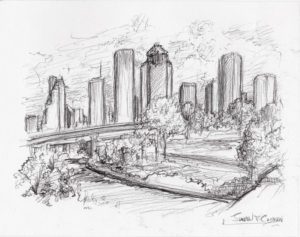 Houston skyline pencil drawing on the Buffalo Bayou River.