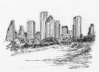 Houston skyline #2967A pen & ink cityscape drawing of downtown.