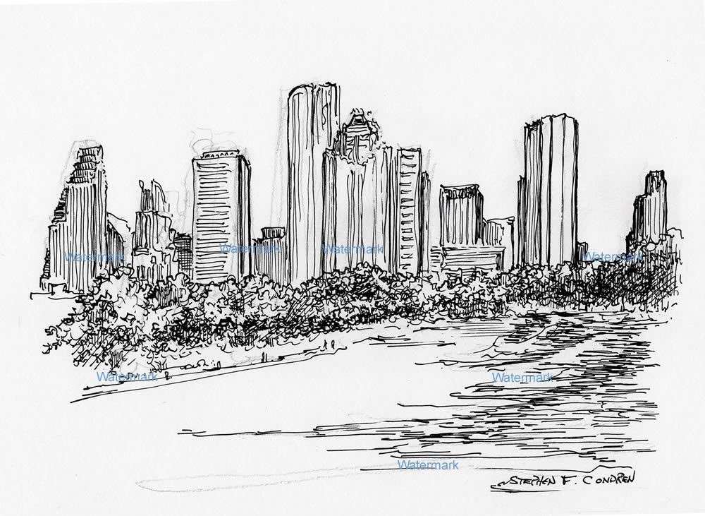Pen & ink line drawing of downtown Houston skyline