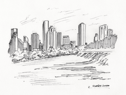 Houston skyline #2968A pen & ink cityscape drawing of downtown skyscrapers.