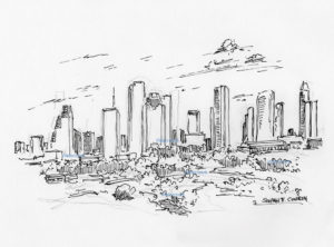 Pen & ink skyline drawing of downtown Houston.
