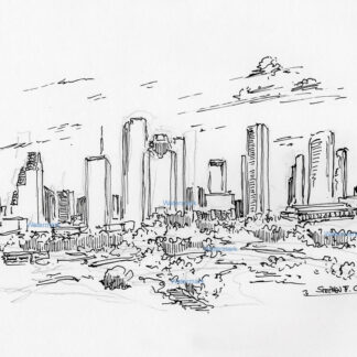 Houston skyline #2969A pen & ink cityscape drawing of downtown skyscrapers.