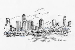 Pen & ink skyline drawing of downtown Houston.