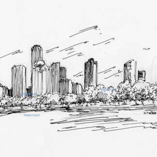 Houston skyline #2972A pen & ink cityscape drawing of downtown skyscrapers.