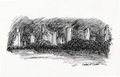 Houston skyline #2971A pen & ink cityscape drawing of downtown at nighttime.