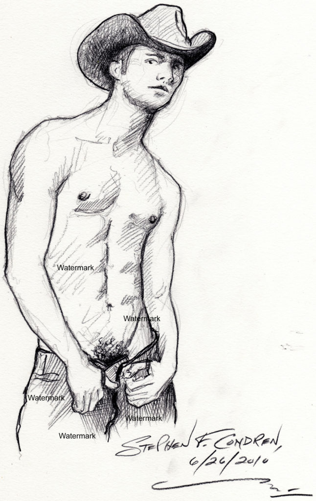 Shirtless Gay cowboy pencil drawing, with prints and scans, showing male beauty.
