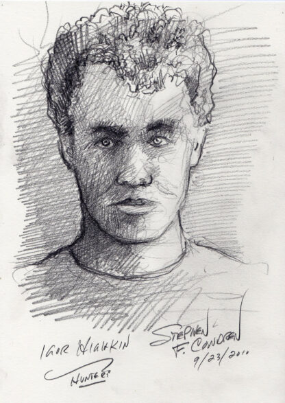 Igor Highkin #606A pencil portrait of a youth with fine hatching of shade and shadows on his face.