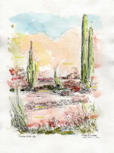Watercolor painting of a Phoenix, Arizona landscape with cactus.