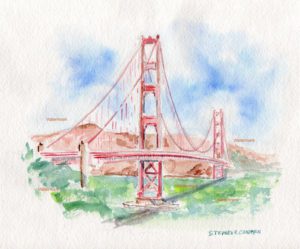 Watercolor painting of the Golden Gate Bridge.