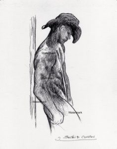Charcoal pencil drawing of nude male cowboy leaning on a post.