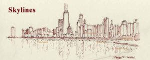 Chicago skyline pen & ink drawing on Lake Shore Drive with John Hancock Center.