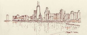Chicago skyline pen & ink drawing on Lake Shore Drive with John Hancock Center.