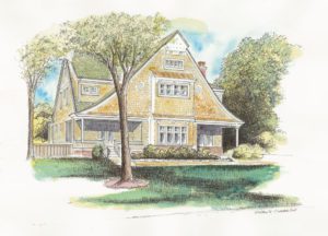 Watercolor architectural rendering of a single family home.