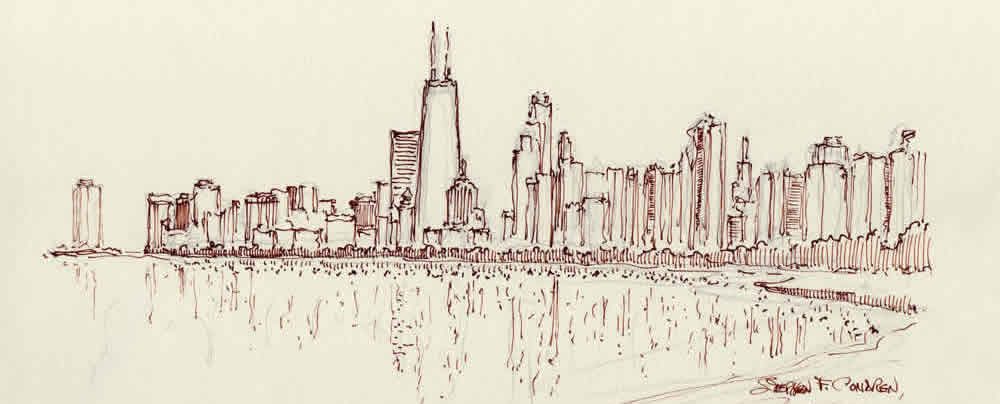 Skyline art cityscapes of Chicago in pen & ink