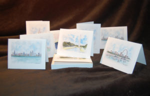 Note cards of city skylines.