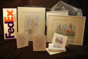 Note cards and prints of famous city skylines.