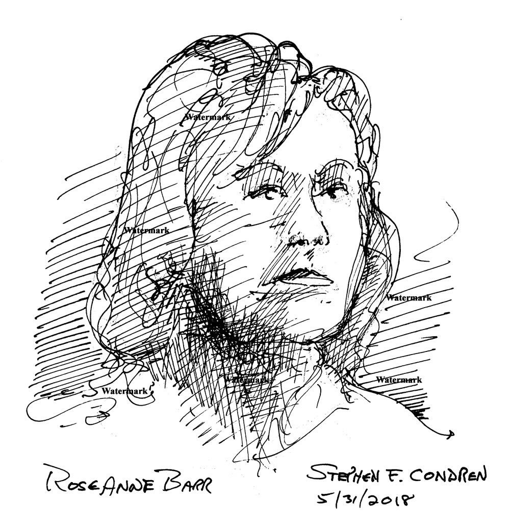 Roseanne Barr #2431A pen & ink celebrity drawing with intense cross-hatching for shade and shadows.
