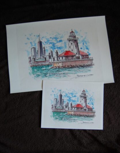 Chicago Harbor Lighthouse and skyline watercolor painting