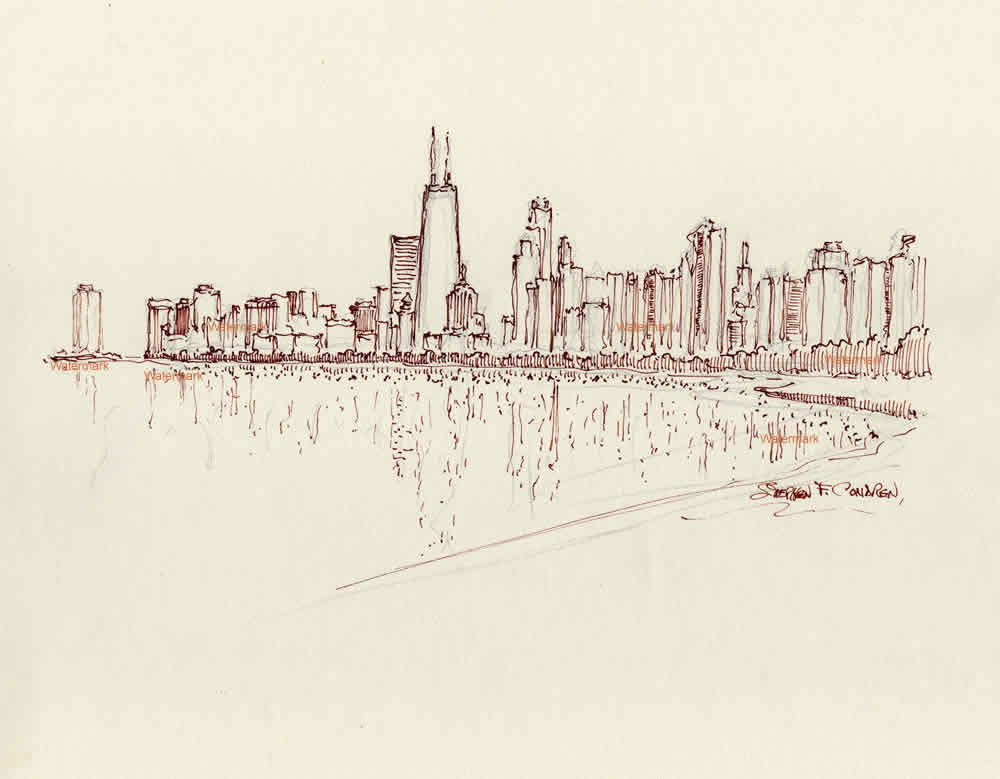 Chicago skyline #869A pen & ink cityscape drawing overlooking Lake Shore Drive by Stephen Condren.