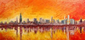 Chicago skyline oil painting at sunset