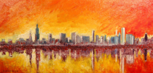 Chicago skyline oil painting at sunset