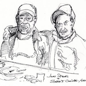 Jory Spears #2414A and Stephen Condren pen & ink portrait sitting at Lou Mitchell's in Chicago.