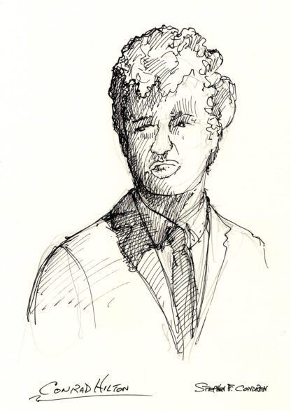 Conrad Hilton #2418A pen & ink celebrity portrait with dark cross-hatching, and contour lines.