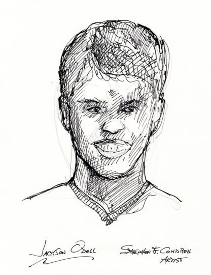 Jackson Odell #2411A pen & ink celebrity portrait with smile and nice hatched lines.