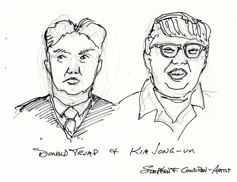 Donald Trump #2410A and Kim Jong-un pen & ink President drawing with comic spoof on their hair.