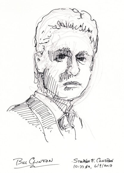 Bill Clinton #2425A pen & ink President portrait with shading made of hatching lines.